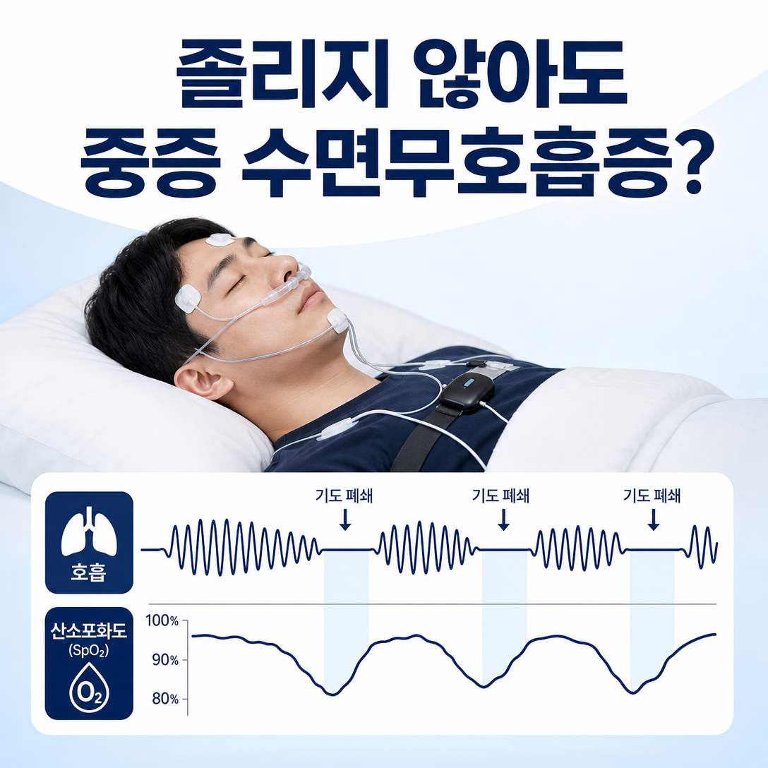 낮 졸림이 없어도 중증 수면무호흡증의 호흡 중단과 산소 저하를 평가해야 한다는 대표 이미지