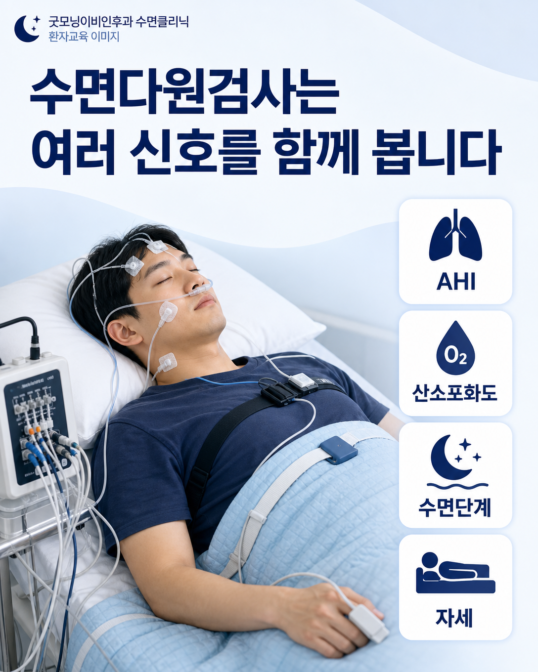 뇌파와 호흡, 산소포화도 등 여러 생체신호를 기록하는 수면다원검사 이미지