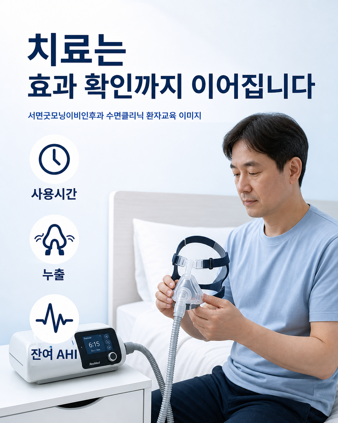 양압기 사용시간과 마스크 누출, 잔여 호흡 사건을 확인하며 치료 효과를 관리하는 이미지