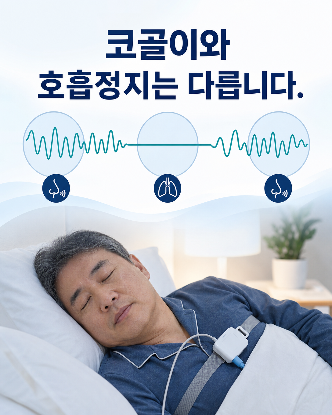 코골이 소리와 수면 중 호흡정지의 차이를 보여주는 교육 이미지