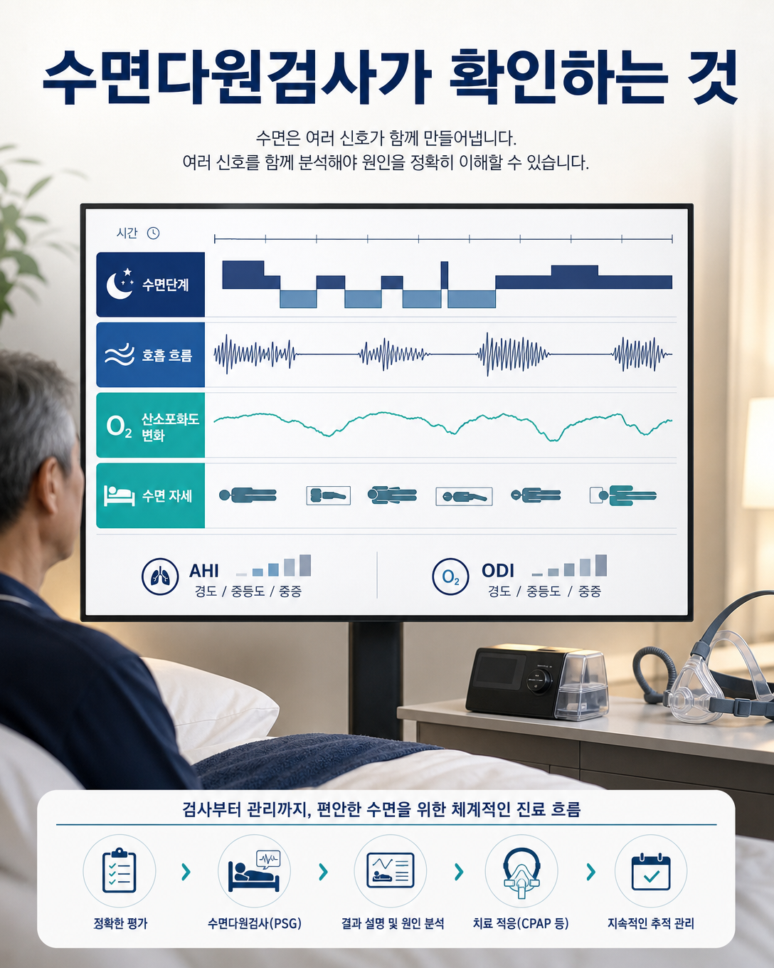 수면단계와 호흡, 산소포화도, 자세를 함께 분석하는 수면다원검사 결과