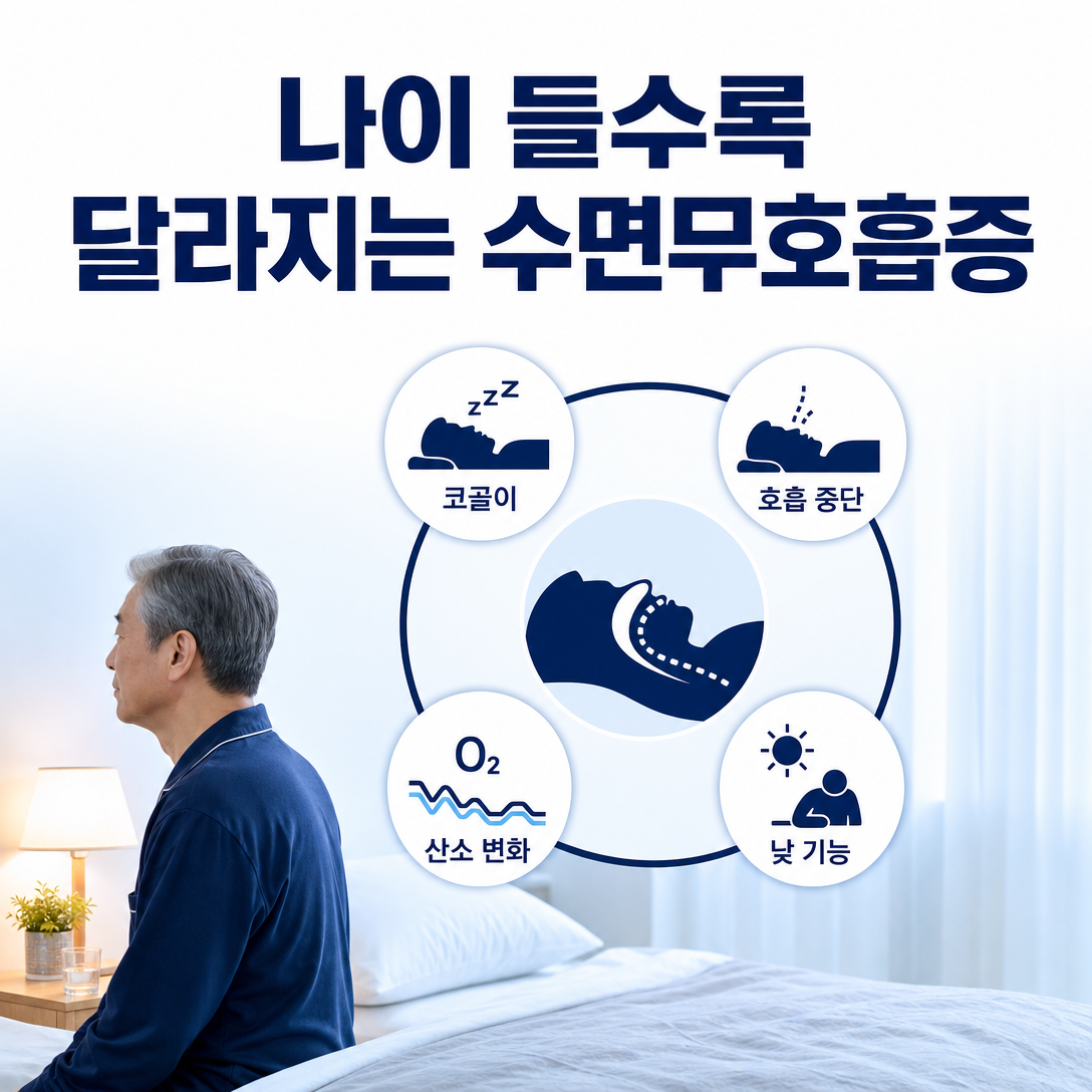 나이가 들면서 달라질 수 있는 수면무호흡증의 증상과 평가 요소를 나타낸 대표 이미지