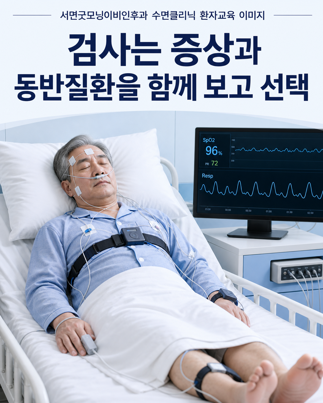 고령 환자의 증상과 동반질환을 고려해 수면다원검사를 선택하는 과정을 보여주는 이미지