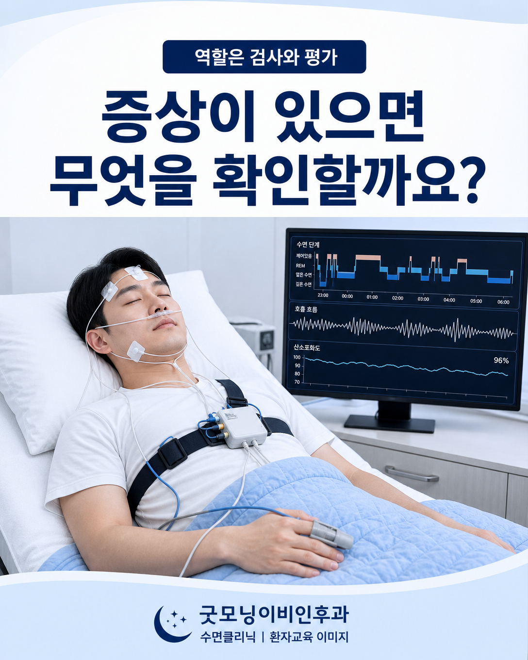 수면다원검사에서 수면 단계와 호흡, 산소포화도를 기록하는 모습을 나타낸 이미지