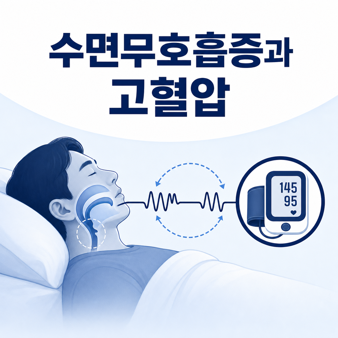 수면 중 반복되는 호흡 중단과 혈압의 관계를 나타낸 수면무호흡증과 고혈압 교육 이미지
