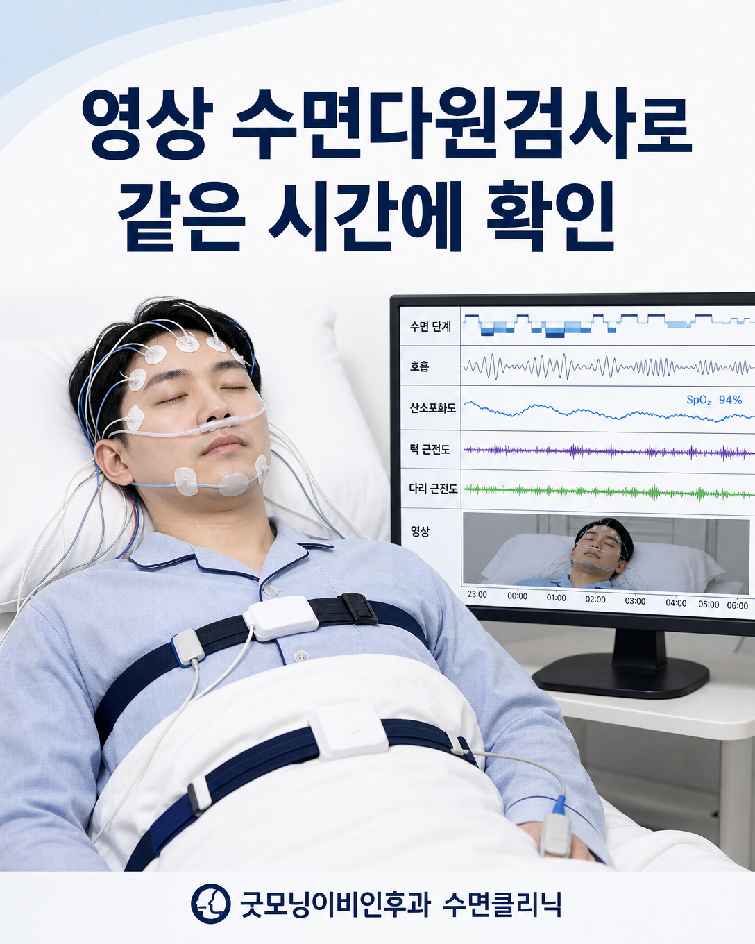 호흡과 근전도 및 수면 중 행동을 함께 기록하는 영상 수면다원검사 이미지
