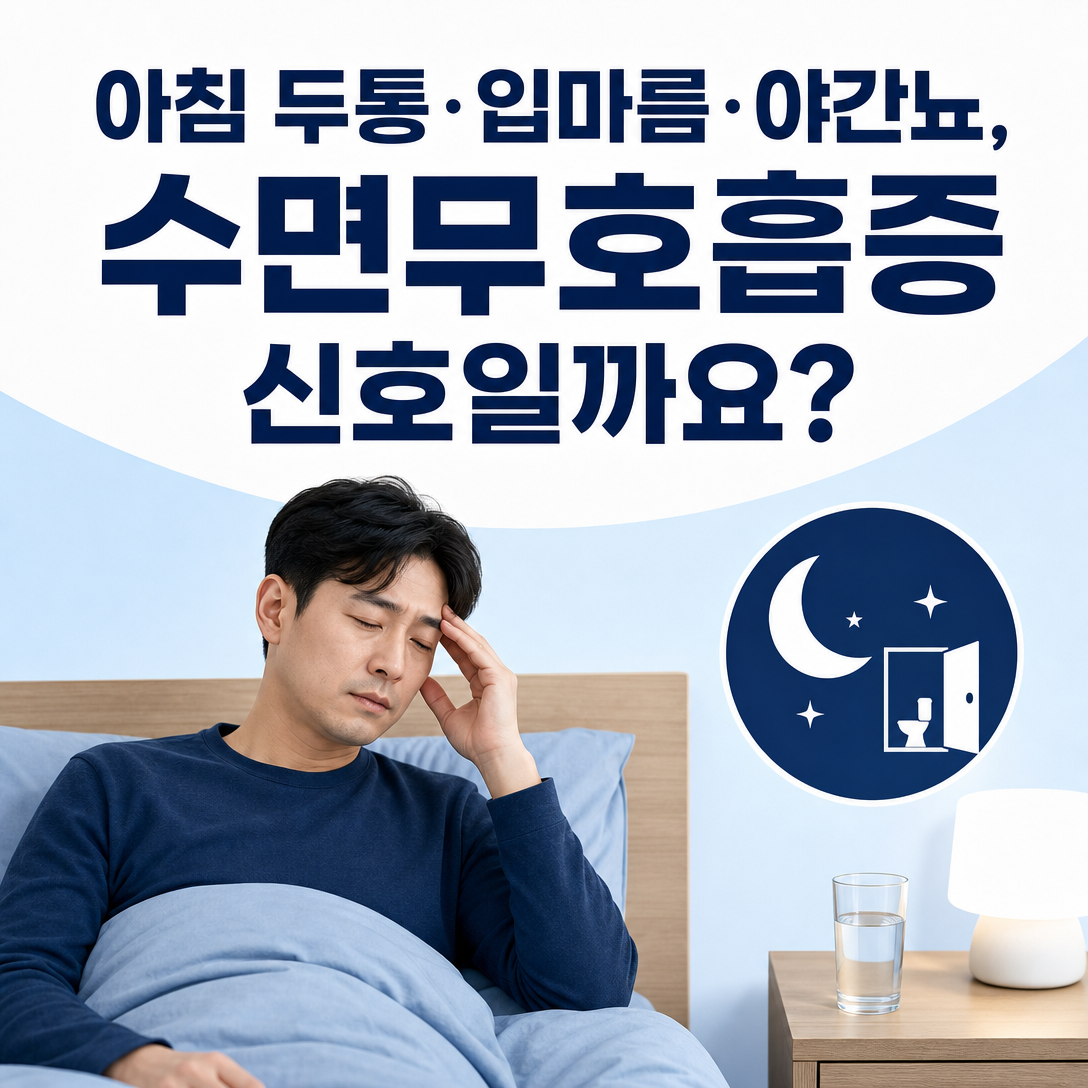 수면무호흡증과 관련될 수 있는 아침 두통, 입마름, 야간뇨를 설명하는 대표 이미지