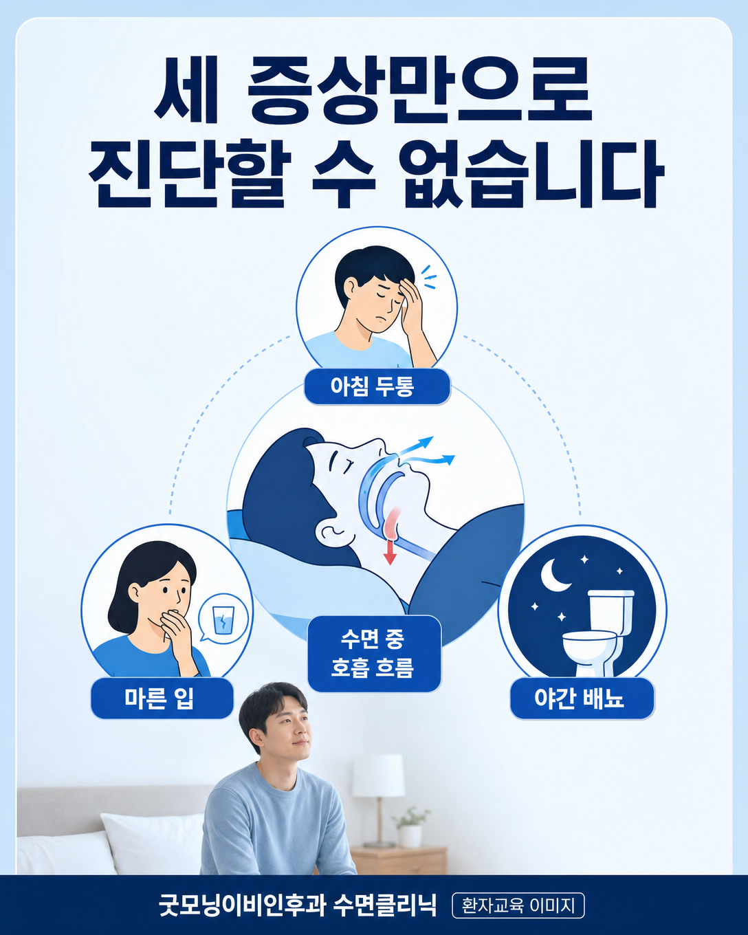 아침 두통과 입마름, 야간뇨만으로 수면무호흡증을 진단할 수 없음을 보여주는 증상 인포그래픽