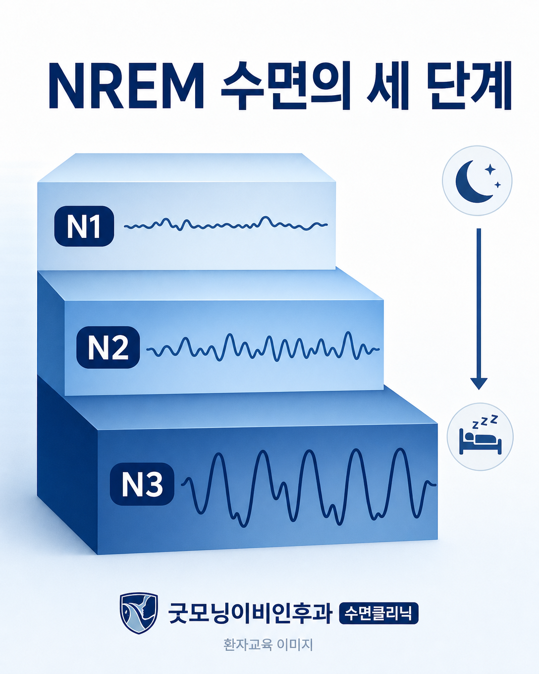 NREM 수면의 N1, N2, N3 단계별 차이를 보여주는 교육 이미지