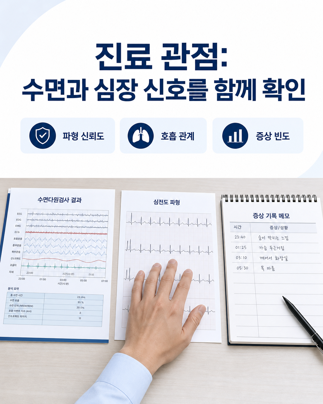 수면검사 파형과 호흡 신호 및 증상 기록을 종합해 판단하는 진료 관점