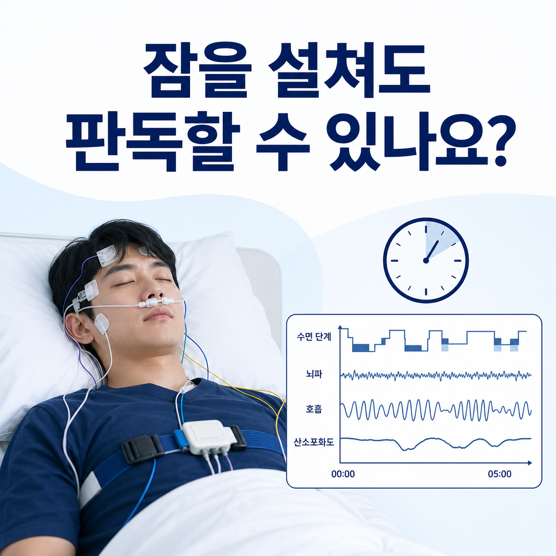 검사실에서 평소보다 잠을 설쳐도 수면다원검사 결과를 해석할 수 있는지 설명하는 대표 이미지