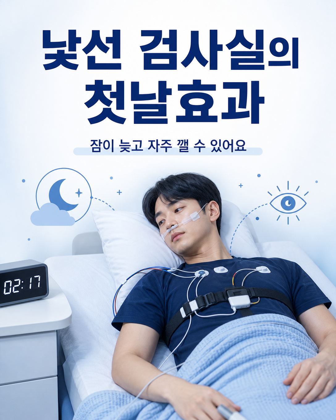 낯선 검사실과 센서 때문에 잠이 늦거나 자주 깰 수 있는 수면다원검사의 첫날효과