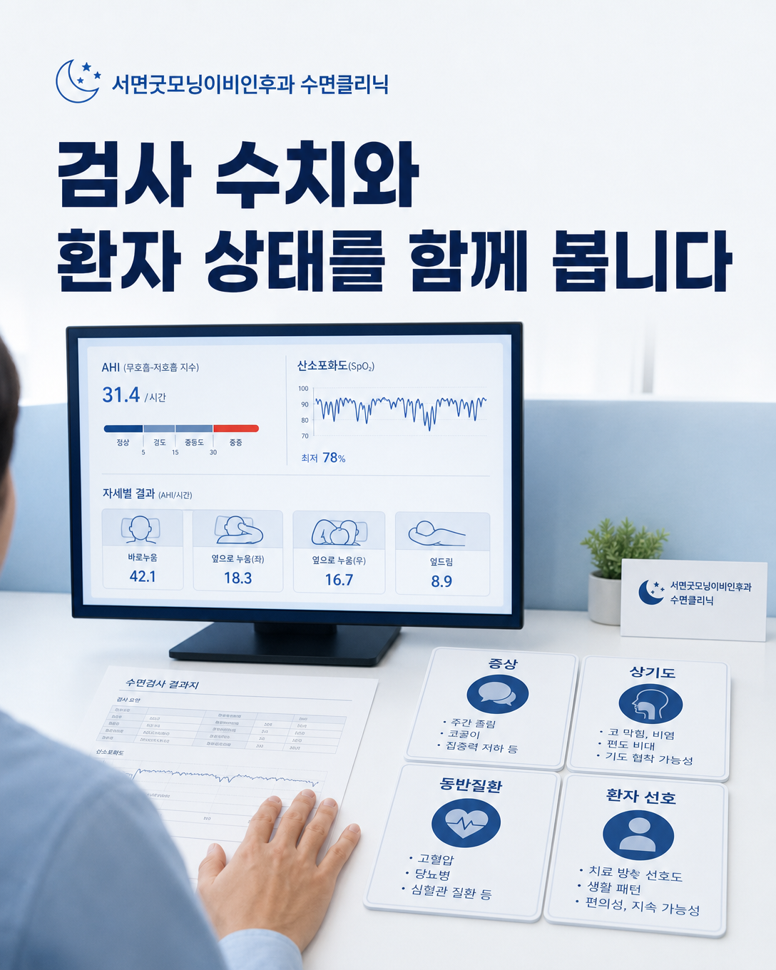 AHI와 산소포화도, 증상, 상기도 상태와 동반질환을 함께 보는 진료 관점 이미지
