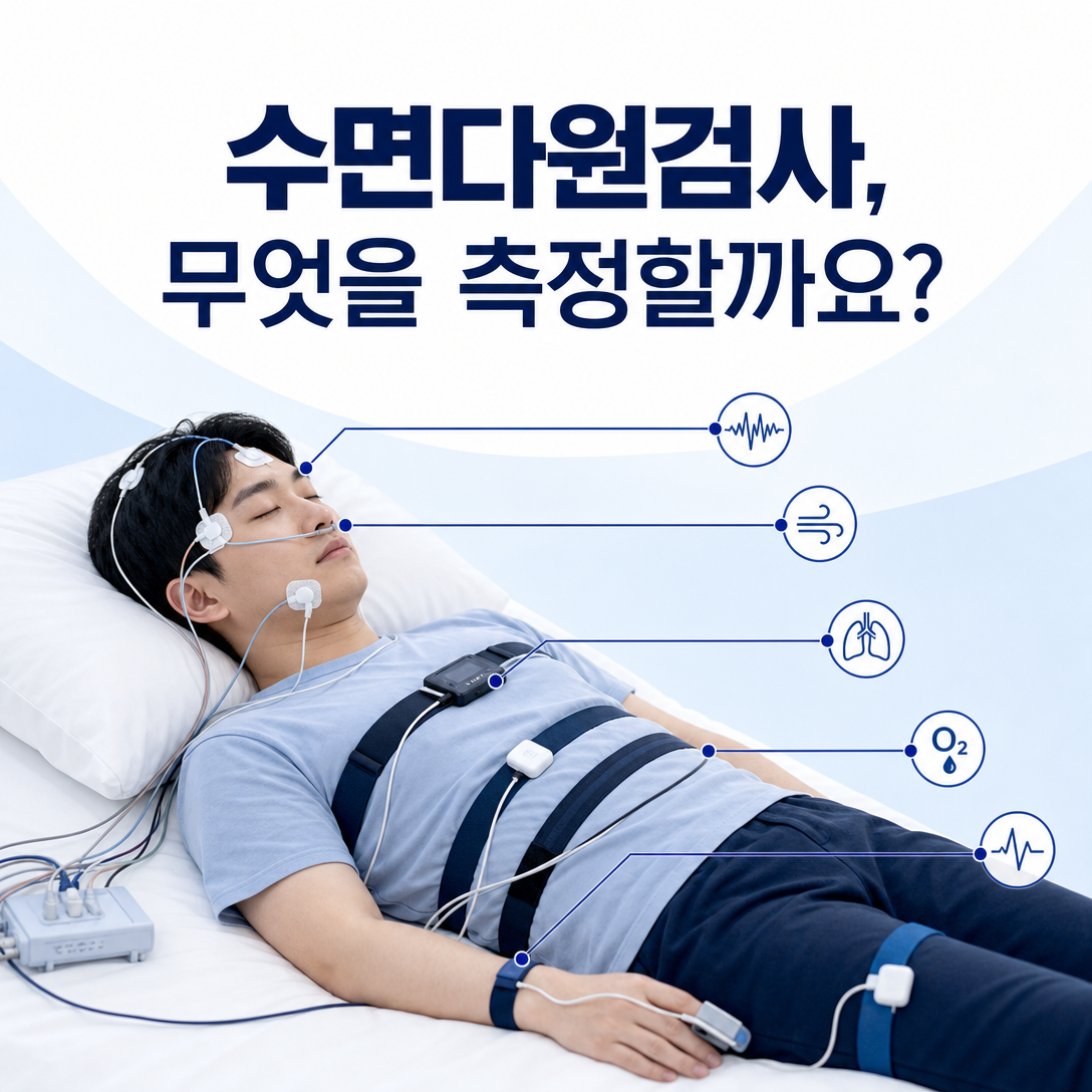 수면다원검사에서 두피, 눈, 턱, 코, 가슴, 배, 다리와 손가락에 부착하는 센서 안내