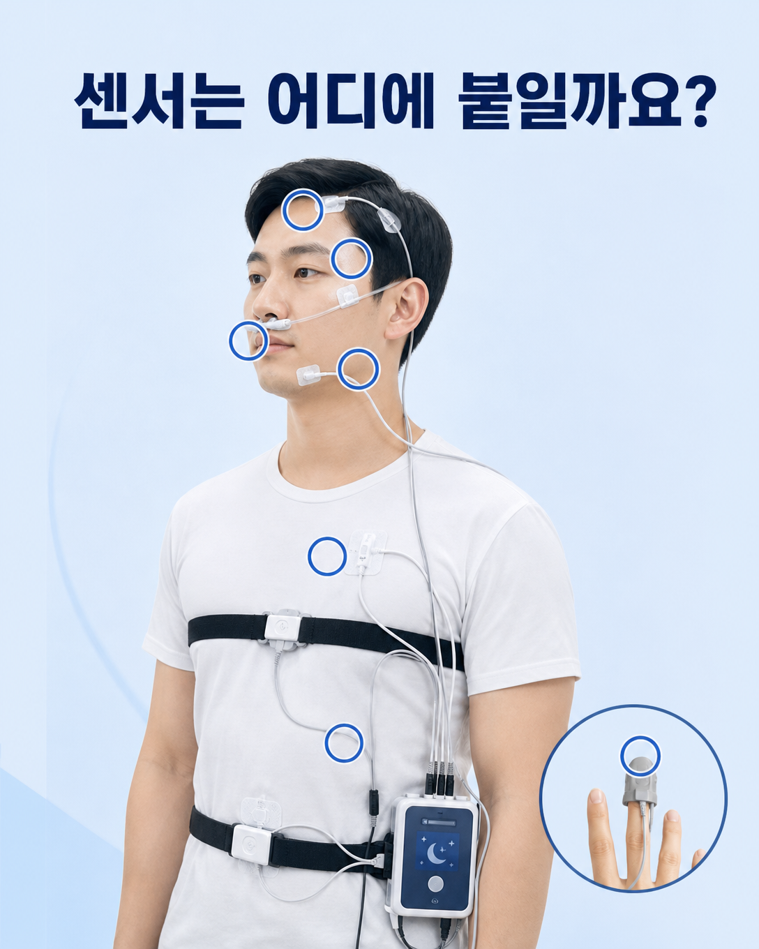 수면다원검사 센서를 부착하는 두피, 얼굴, 가슴, 배, 다리와 손가락 위치