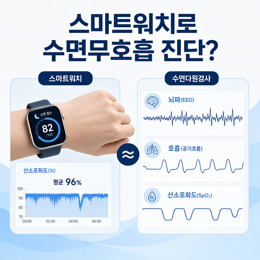스마트워치 수면 점수와 산소포화도 기록을 수면다원검사 신호와 비교한 교육 이미지