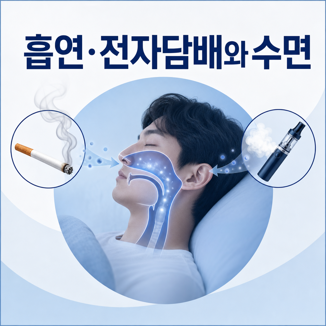 흡연과 전자담배가 코골이와 수면 건강에 미칠 수 있는 영향을 표현한 대표 이미지