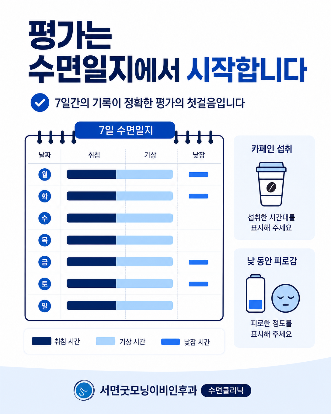 취침 시각과 기상 시각, 낮잠과 낮 상태를 기록하는 7일 수면일지