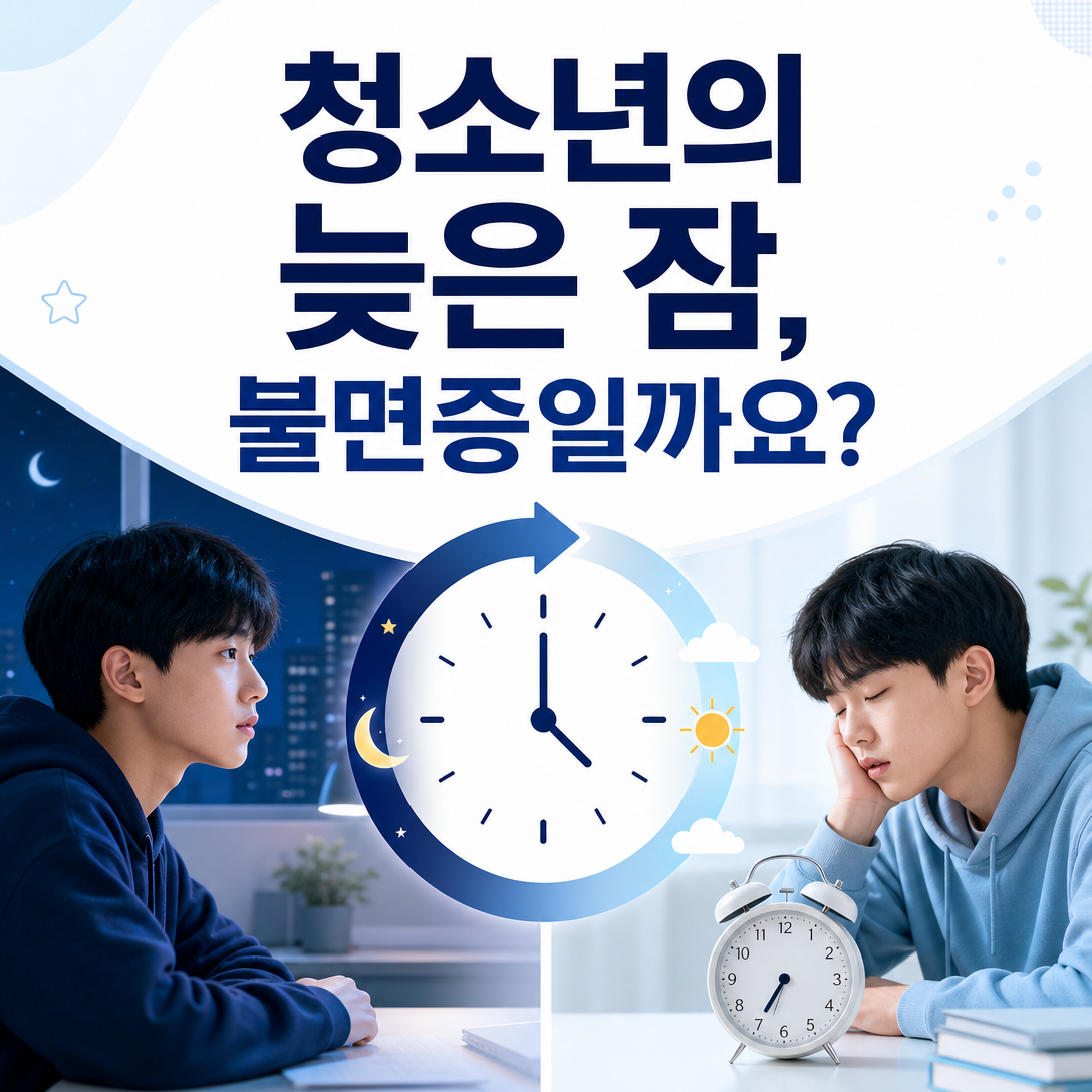 밤늦게 잠들고 아침에 일어나기 힘든 청소년의 수면 문제를 생체시계로 설명한 대표 이미지