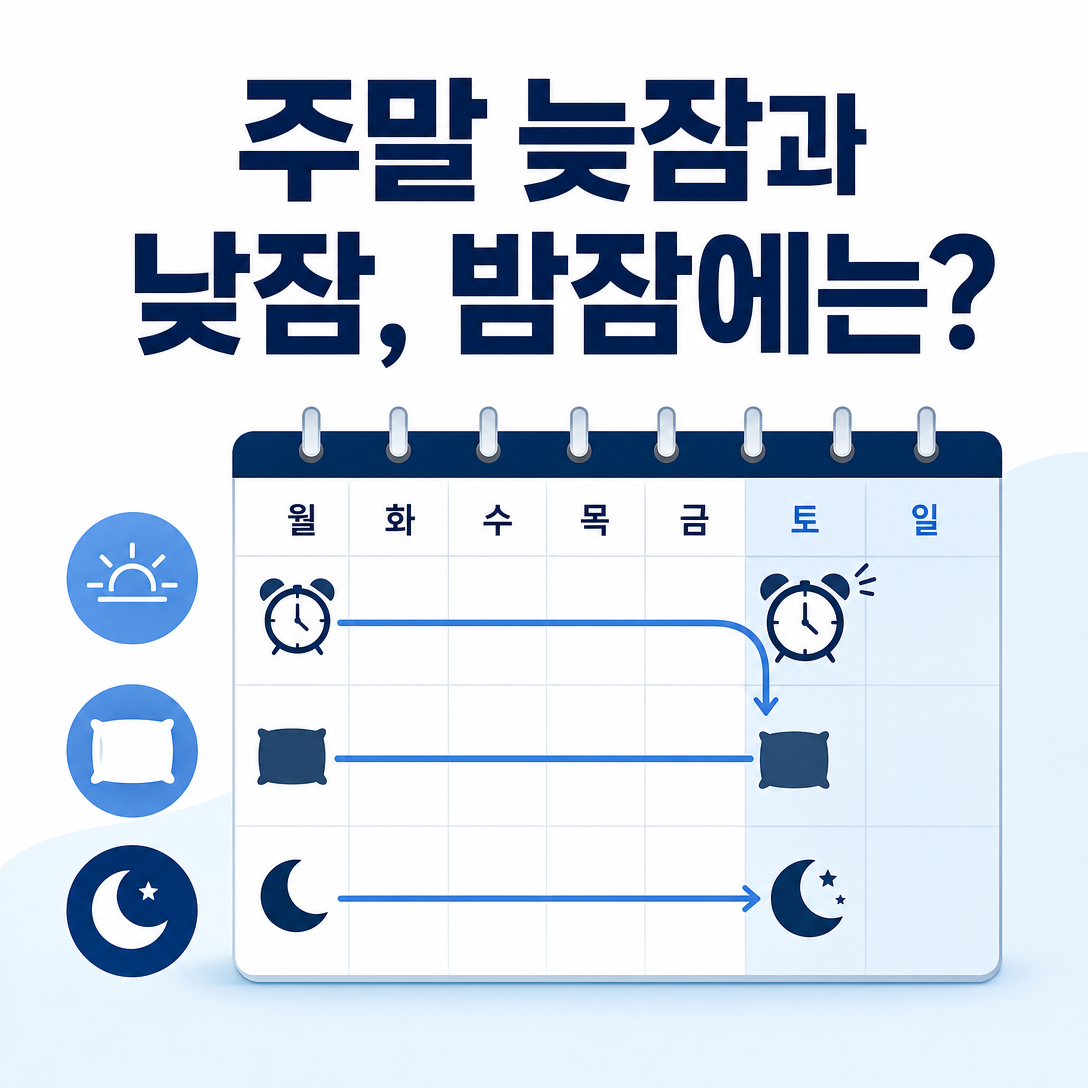 주말 늦잠과 낮잠으로 수면 시각이 뒤로 이동하는 모습을 달력과 시계로 설명한 이미지