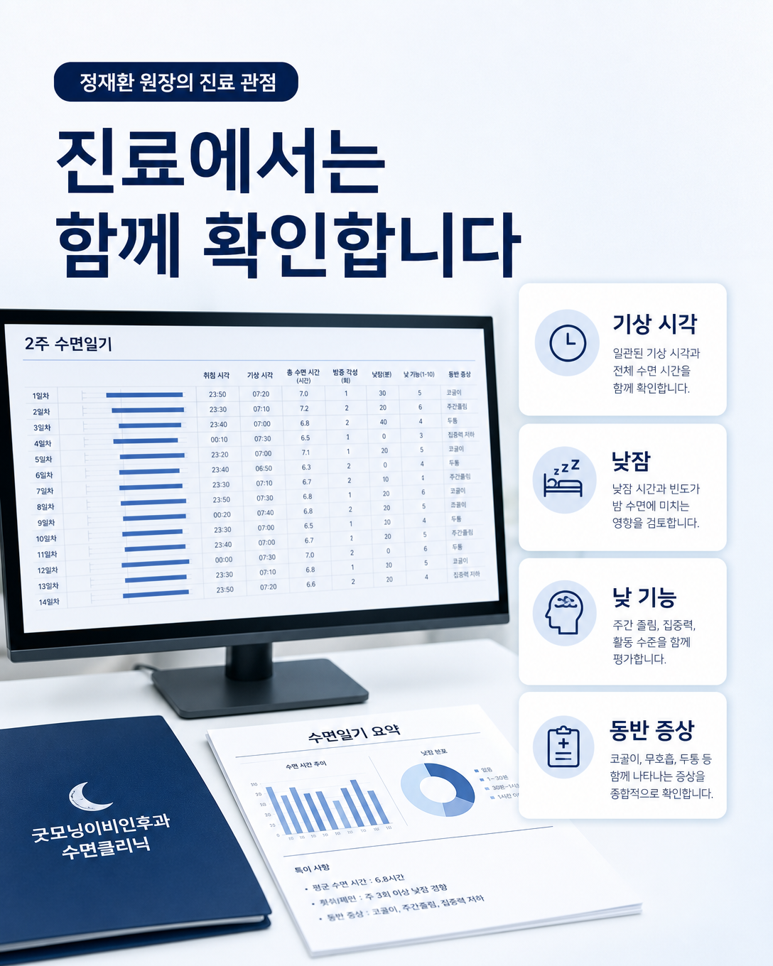 수면일기에서 기상 시각, 낮잠, 낮 기능과 동반 증상을 함께 확인하는 진료 관점
