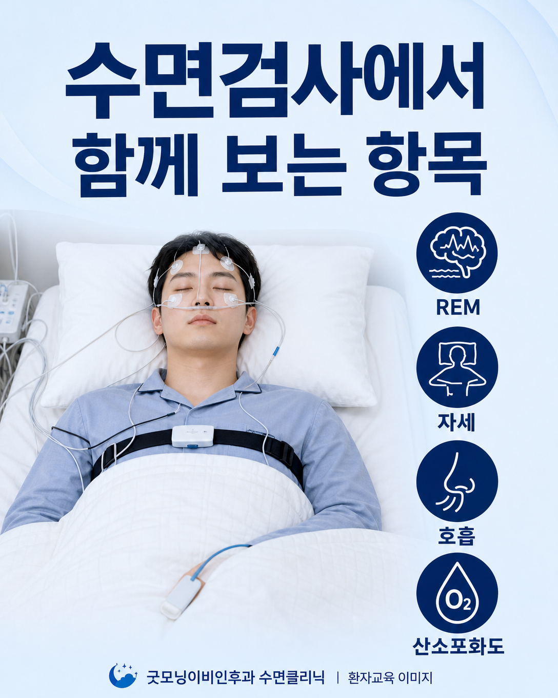 수면다원검사에서 수면단계와 자세, 호흡 및 산소포화도를 함께 기록하는 과정