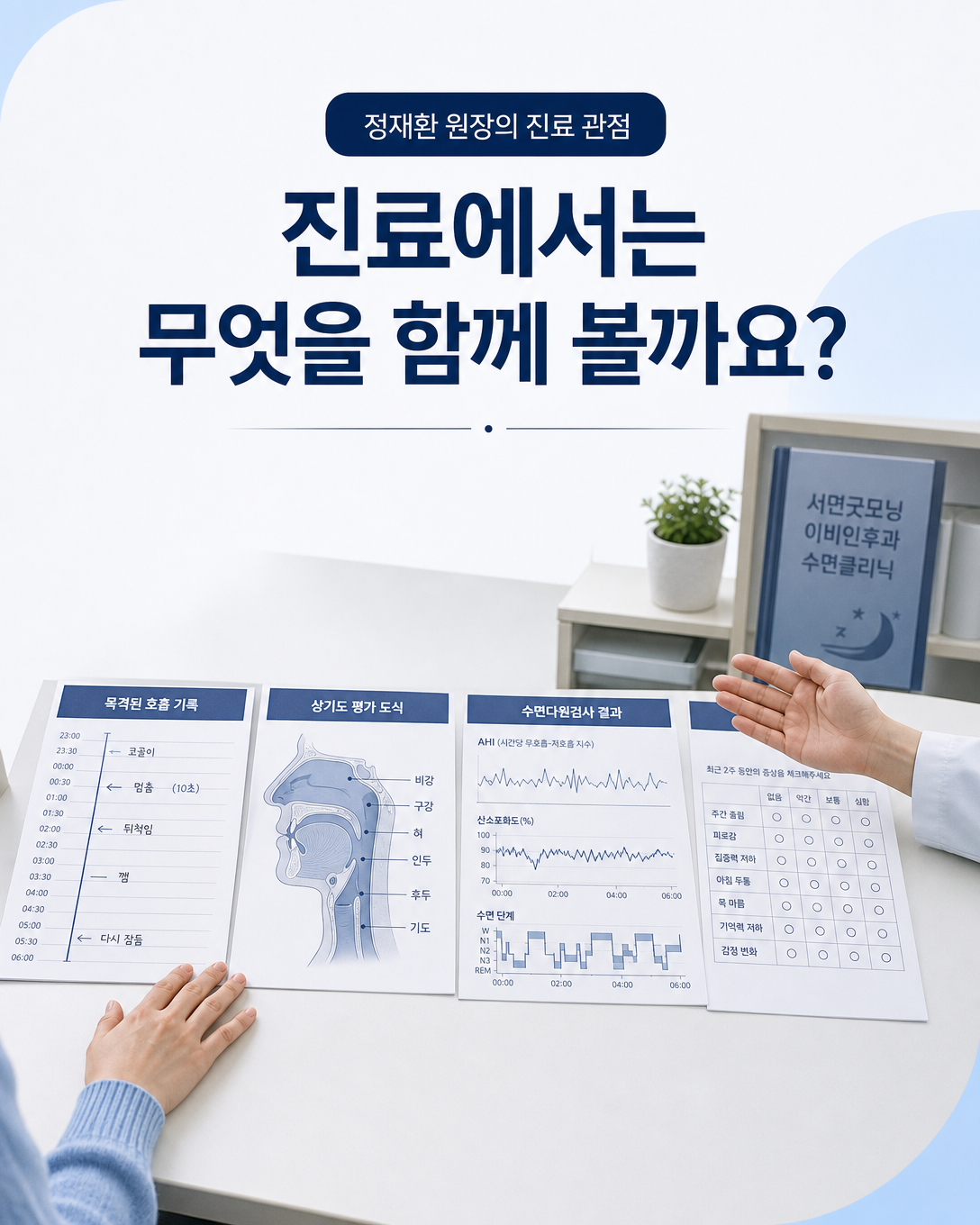 목격된 호흡 기록과 상기도 상태, 수면다원검사 결과 및 주간 증상을 함께 살펴보는 진료 관점