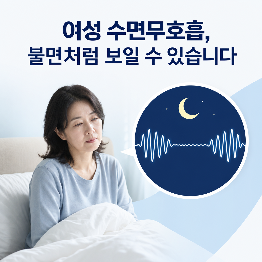 불면과 피로로 나타날 수 있는 폐경기 여성 수면무호흡증을 설명하는 대표 이미지