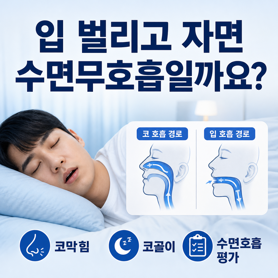 잘 때 입을 벌리는 성인의 코 호흡과 구강호흡을 비교한 수면무호흡 환자교육 이미지