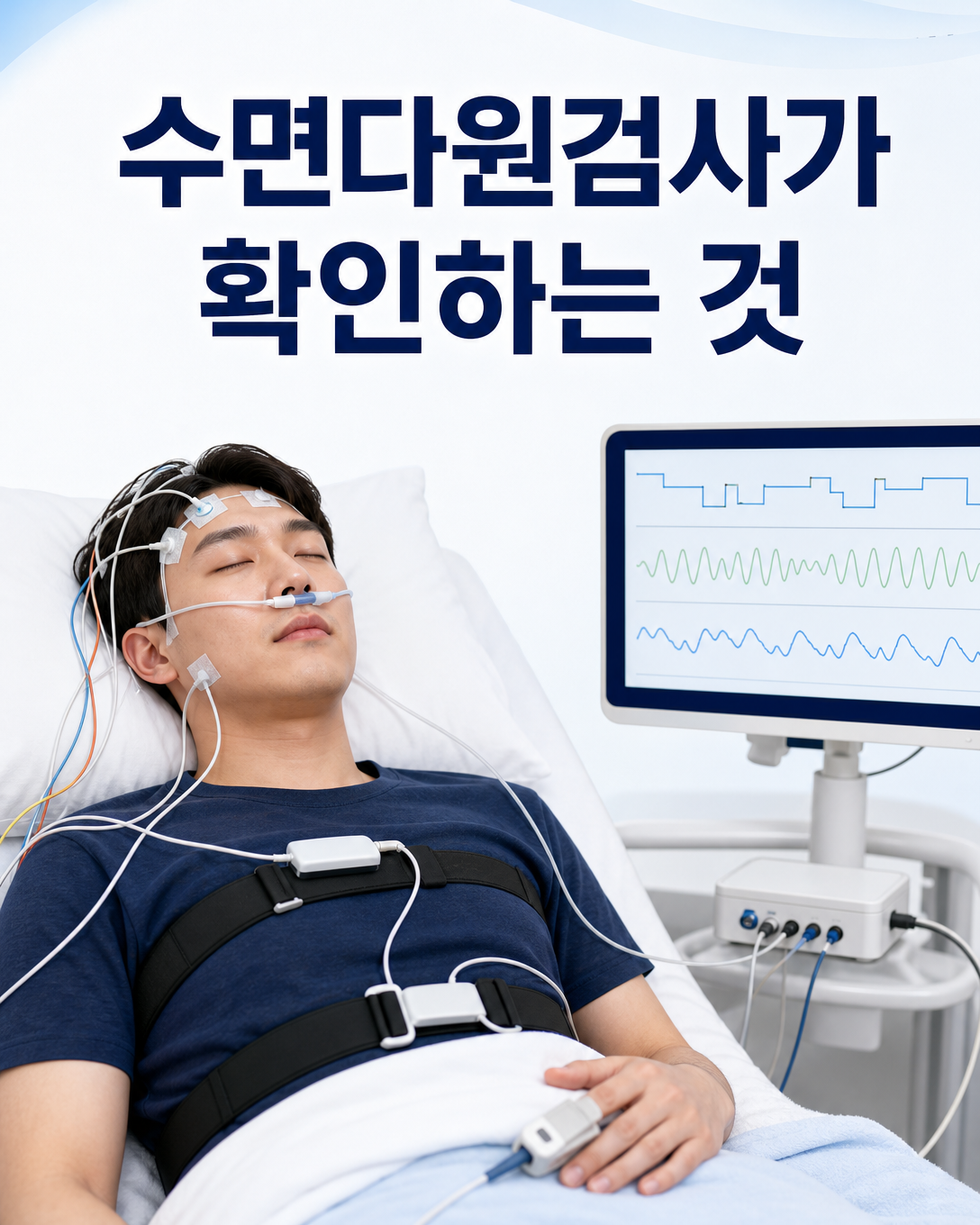 수면 단계와 호흡, 산소포화도를 기록하는 수면다원검사 센서 구성 이미지