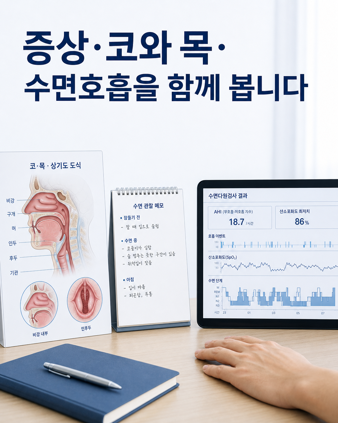 수면 증상 기록과 코·목 진찰, 수면다원검사 결과를 함께 해석하는 진료 관점 이미지