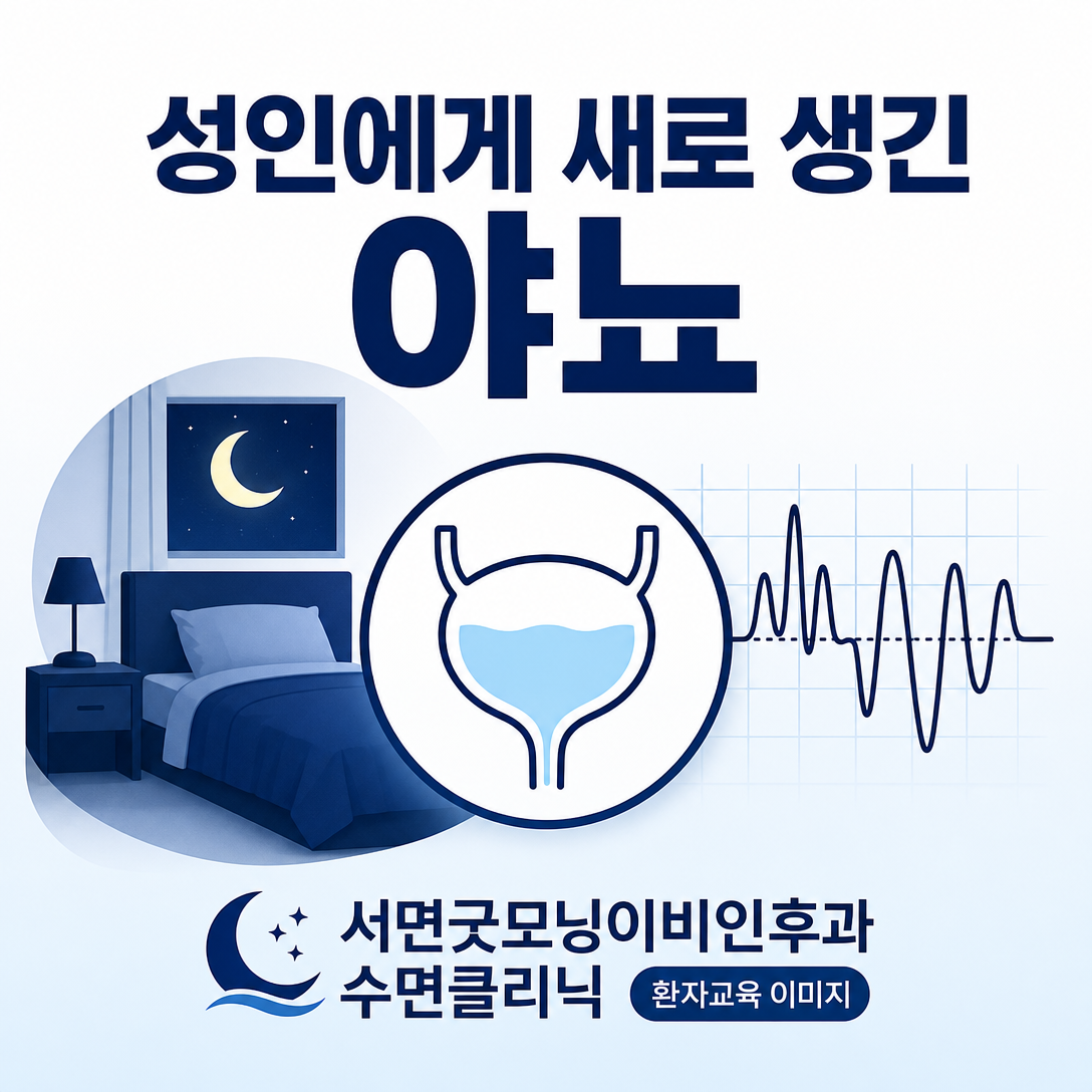성인에게 새로 생긴 야뇨의 비뇨기·대사·신경·수면 원인 평가를 상징한 대표 이미지