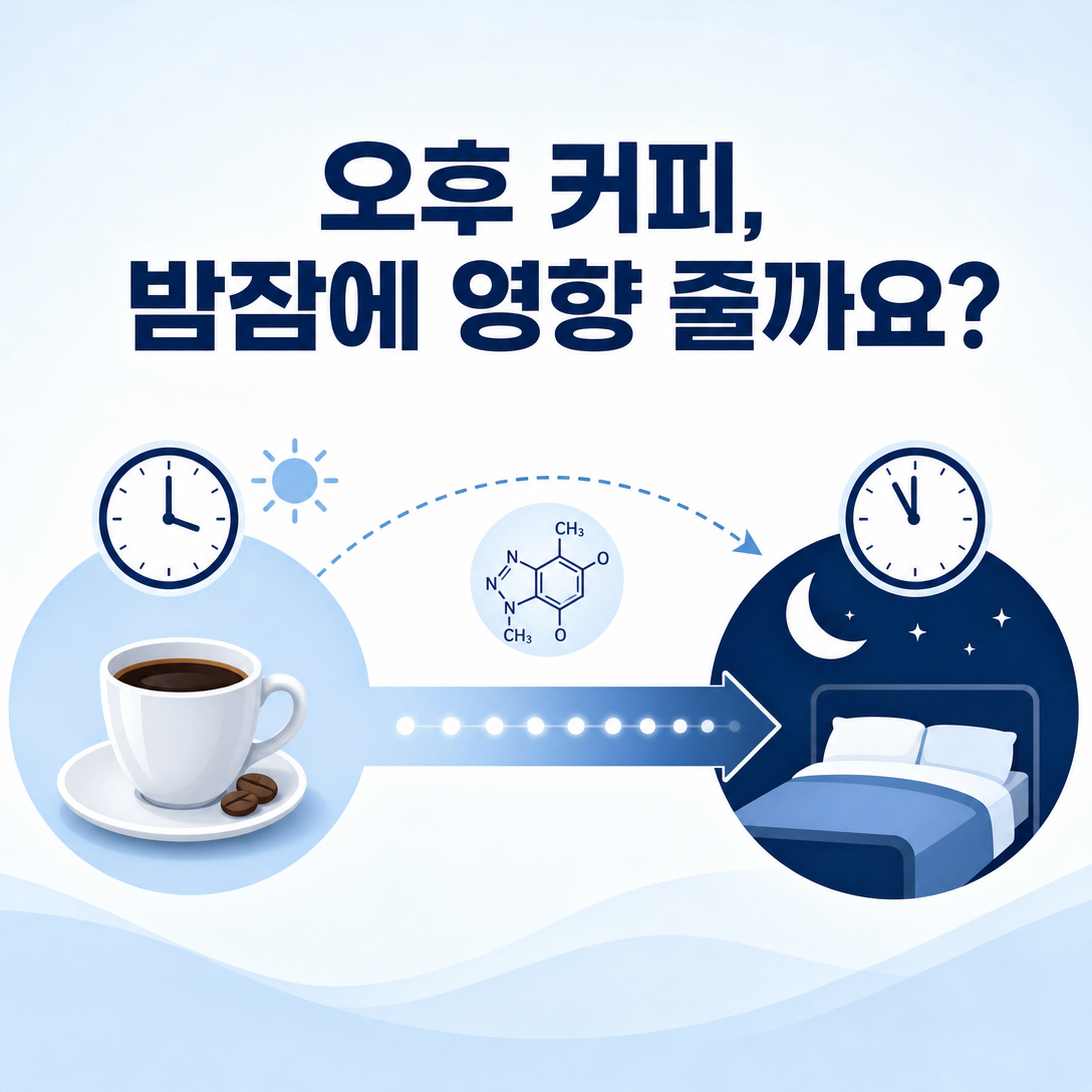 오후에 마신 커피가 밤 수면까지 영향을 줄 수 있음을 나타낸 시계와 침대 인포그래픽