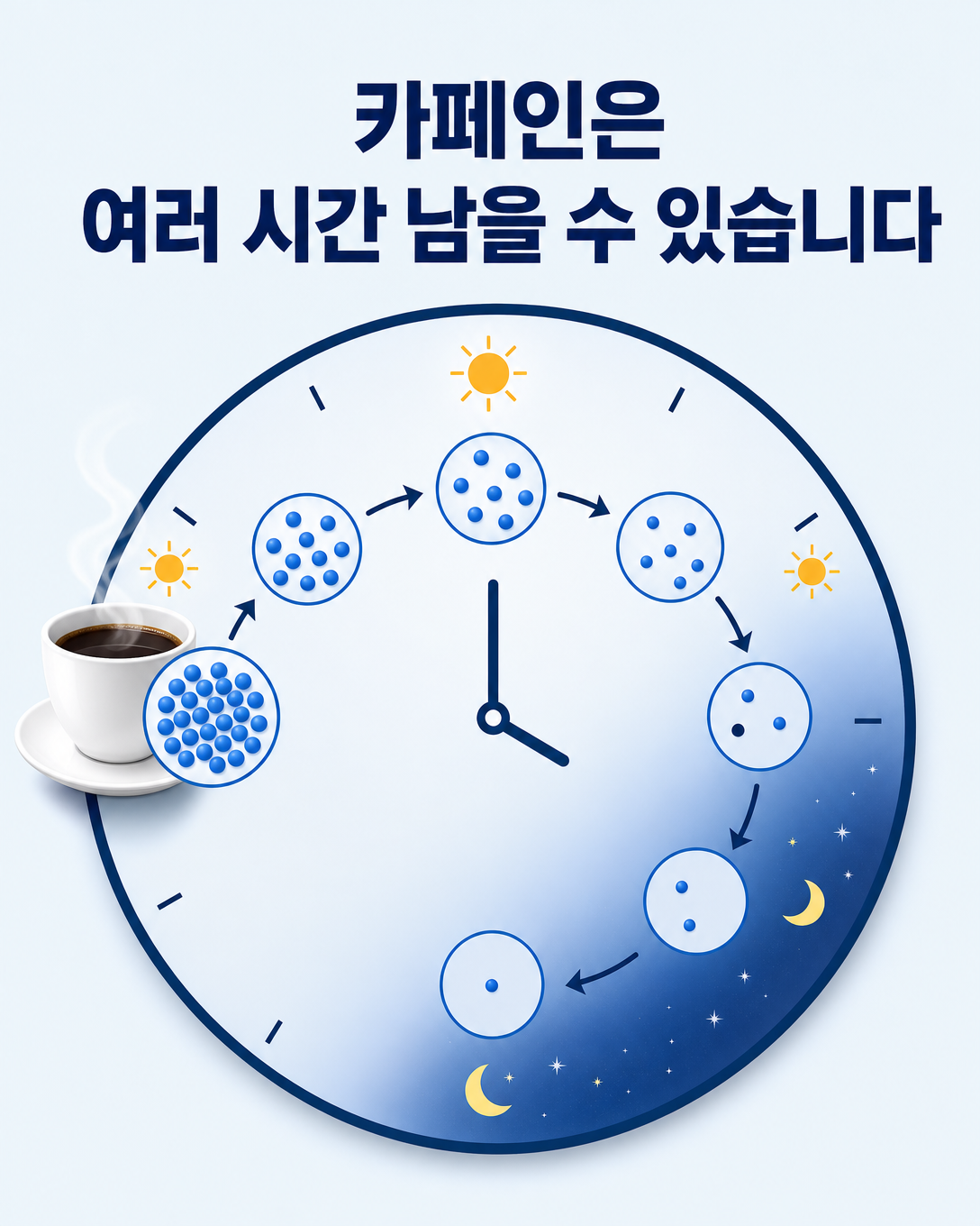 카페인이 오후부터 밤까지 몸에 남아 점차 감소하는 과정을 나타낸 시간 흐름 도식