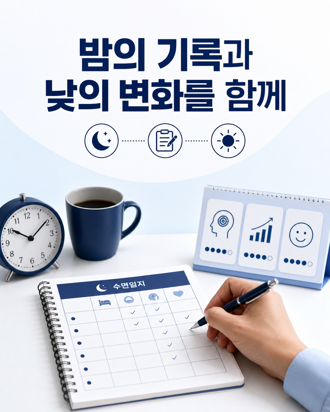 수면일지에 밤의 수면과 다음 날 기분·기능을 함께 기록하는 모습