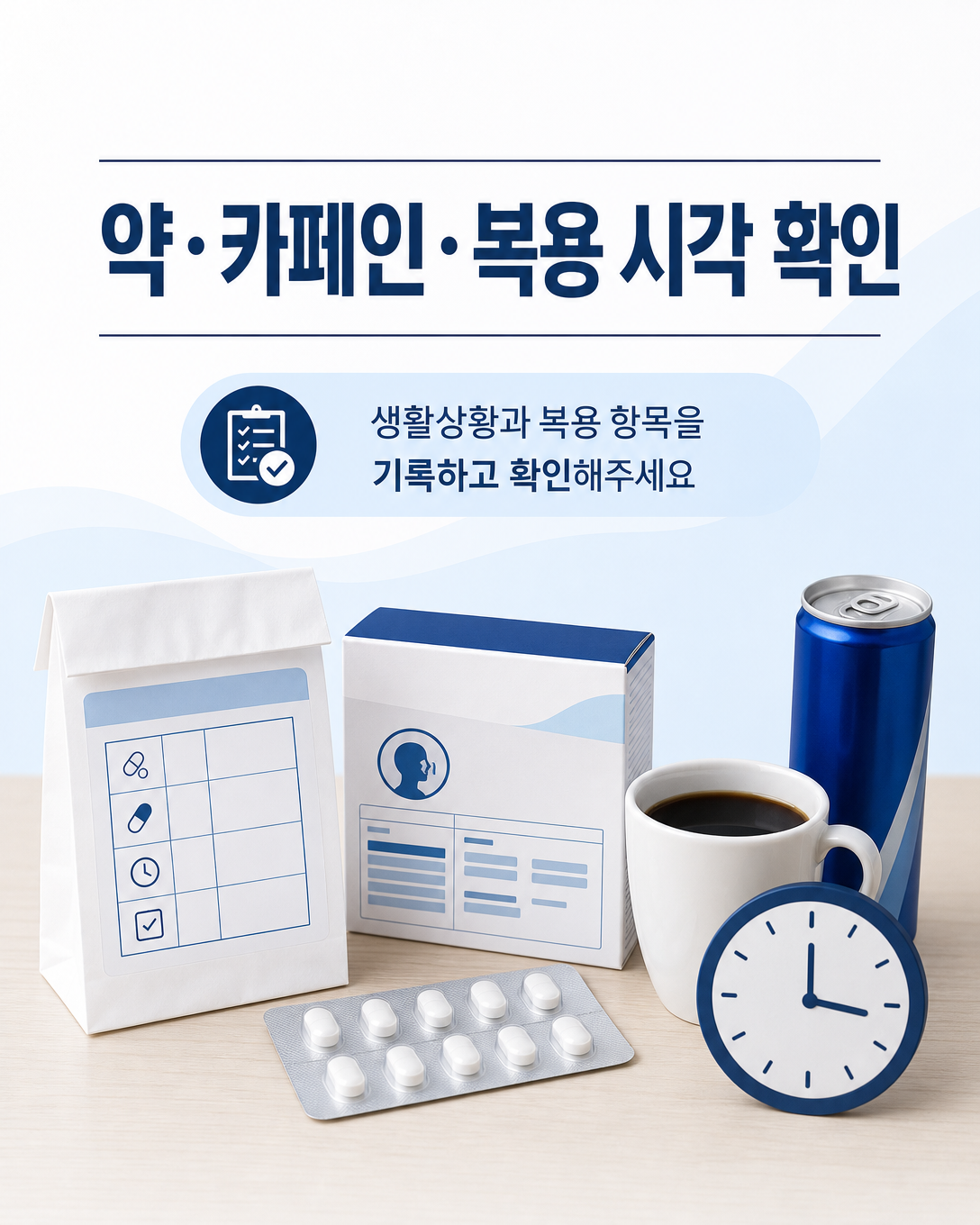 잠들기 전 두근거림과 관련해 복용약, 카페인과 복용 시각을 점검하는 이미지