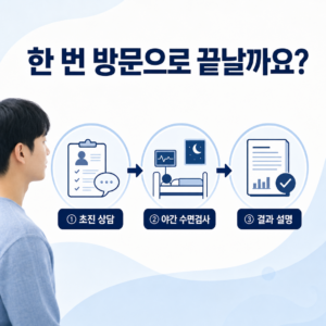 수면클리닉 초진, 야간 수면다원검사, 결과 상담이 나뉠 수 있음을 보여주는 안내 이미지