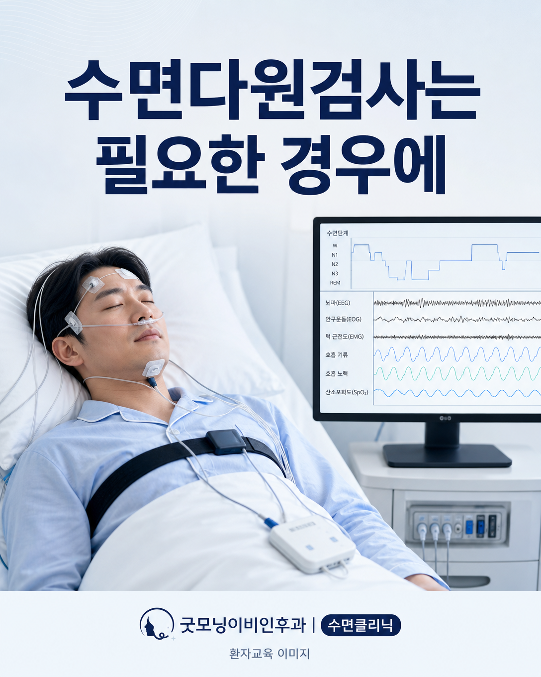 수면 중 뇌파와 호흡 및 행동을 함께 기록하는 영상 수면다원검사 장면