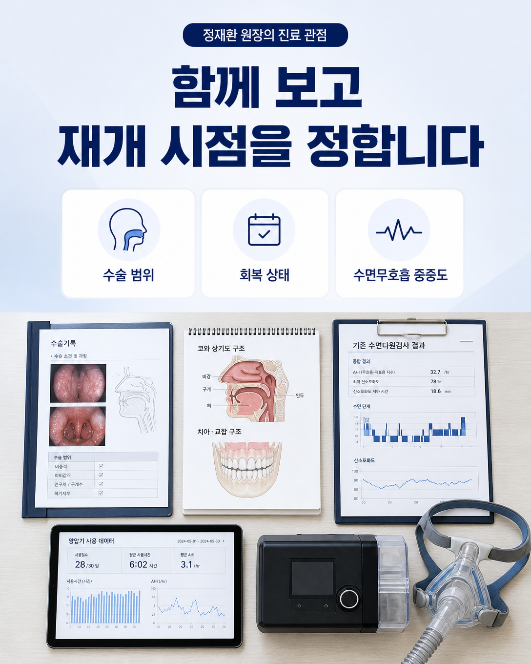 수술 범위와 회복 상태, 수면무호흡 중증도를 함께 검토하는 진료 관점 이미지