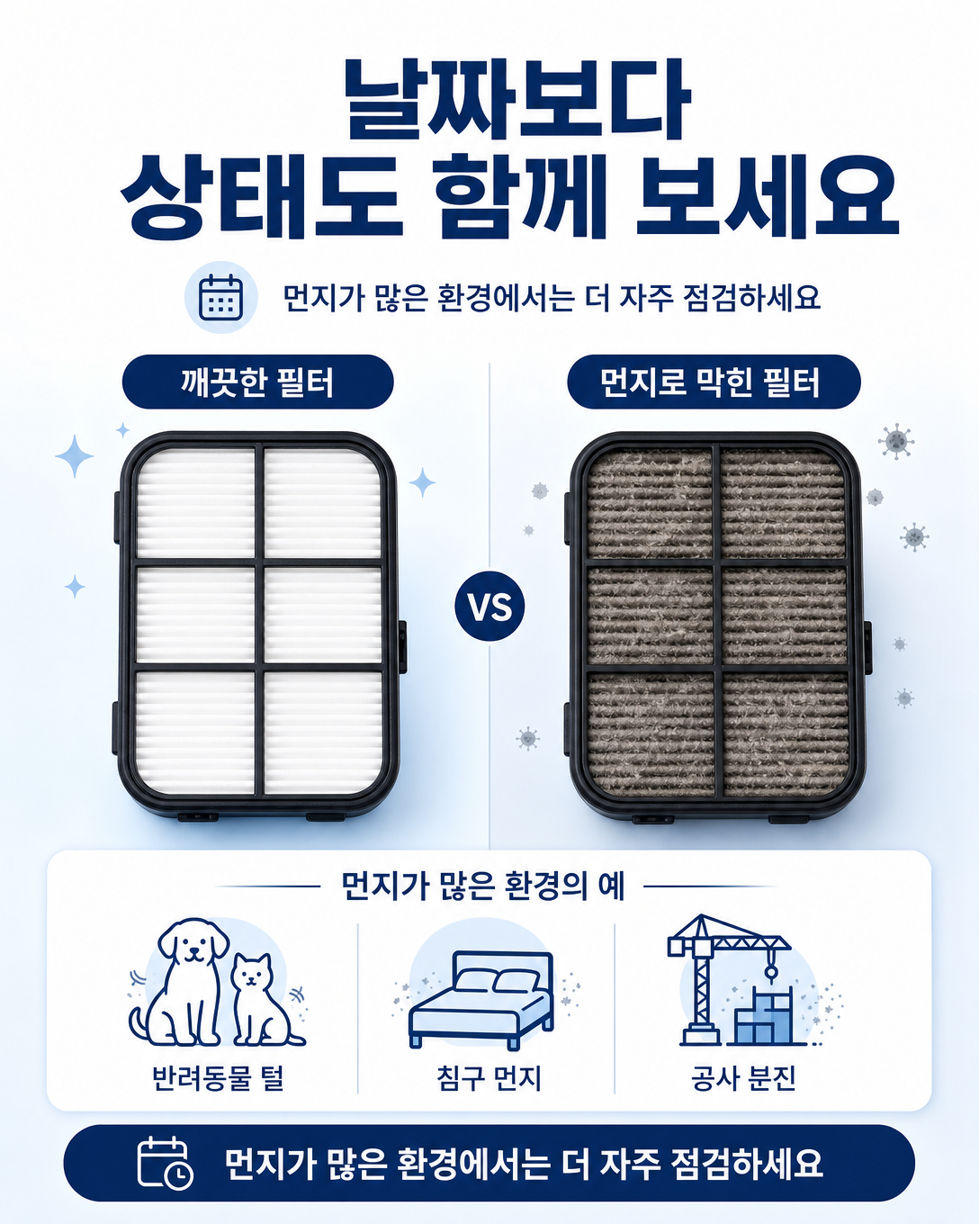 깨끗한 양압기 필터와 먼지로 막힌 필터의 상태 비교