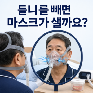 틀니를 빼고 자는 사람이 양압기 마스크의 볼 주변 누출을 확인하는 모습