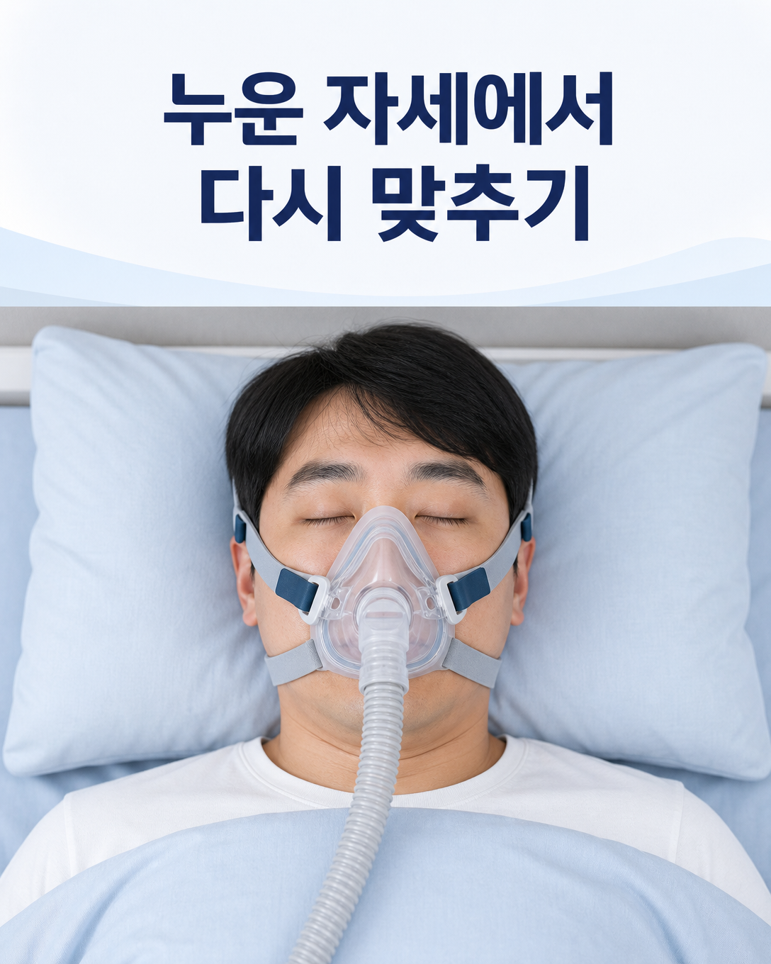 기기를 켜고 누운 자세에서 양압기 마스크 밀착을 확인하는 모습