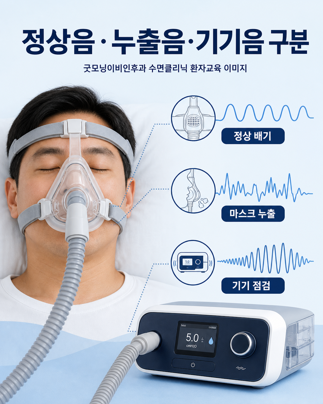 정상 배기음과 마스크 누출음, 양압기 기기음을 비교한 인포그래픽
