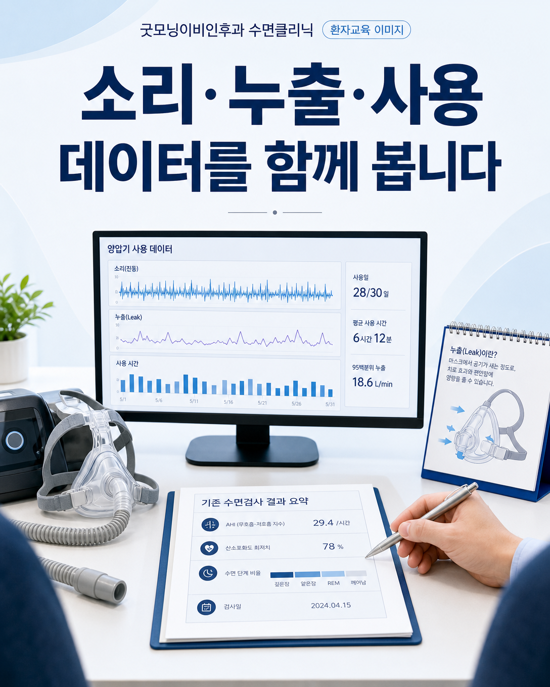 양압기 소리와 누출 데이터, 수면검사 결과를 함께 살피는 진료 관점