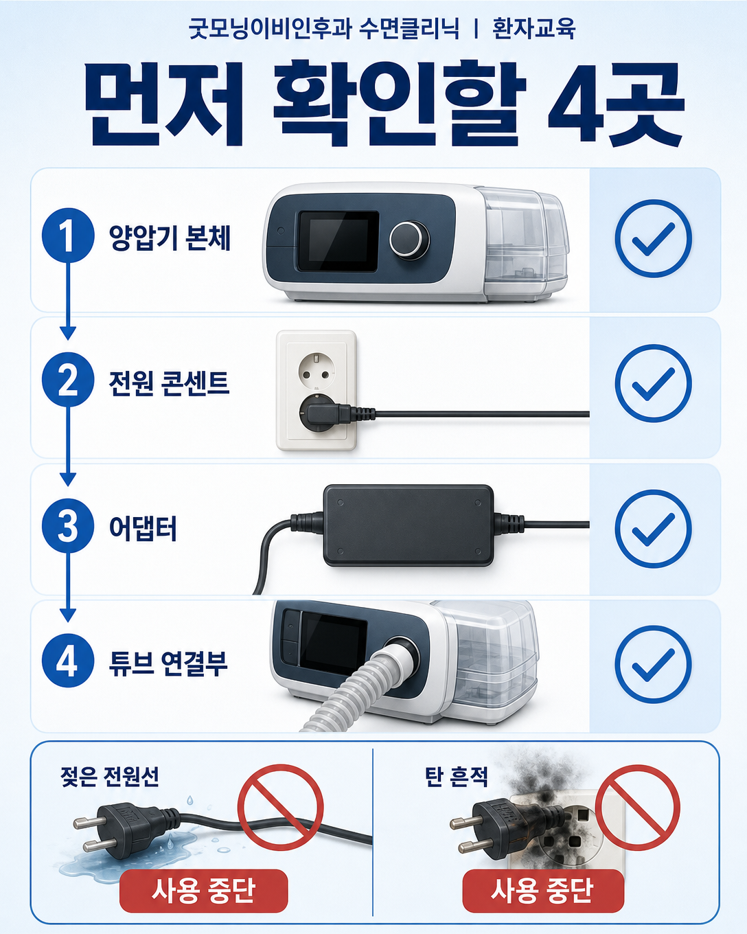 양압기 고장 시 콘센트와 어댑터, 튜브 연결부를 점검하는 순서