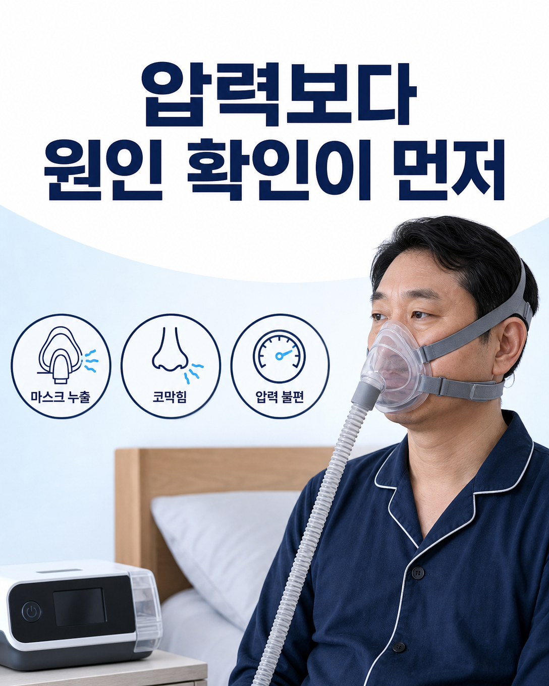 양압기 압력 변경 전에 마스크 누출과 코막힘 등 불편의 원인을 확인하는 모습