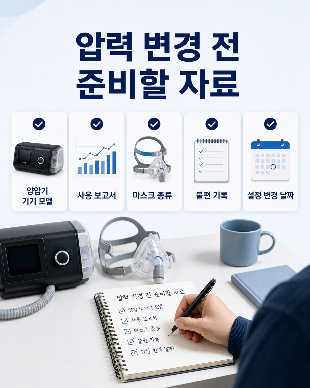 양압기 압력 상담 전에 기기 정보와 사용 보고서, 불편 기록을 준비하는 방법