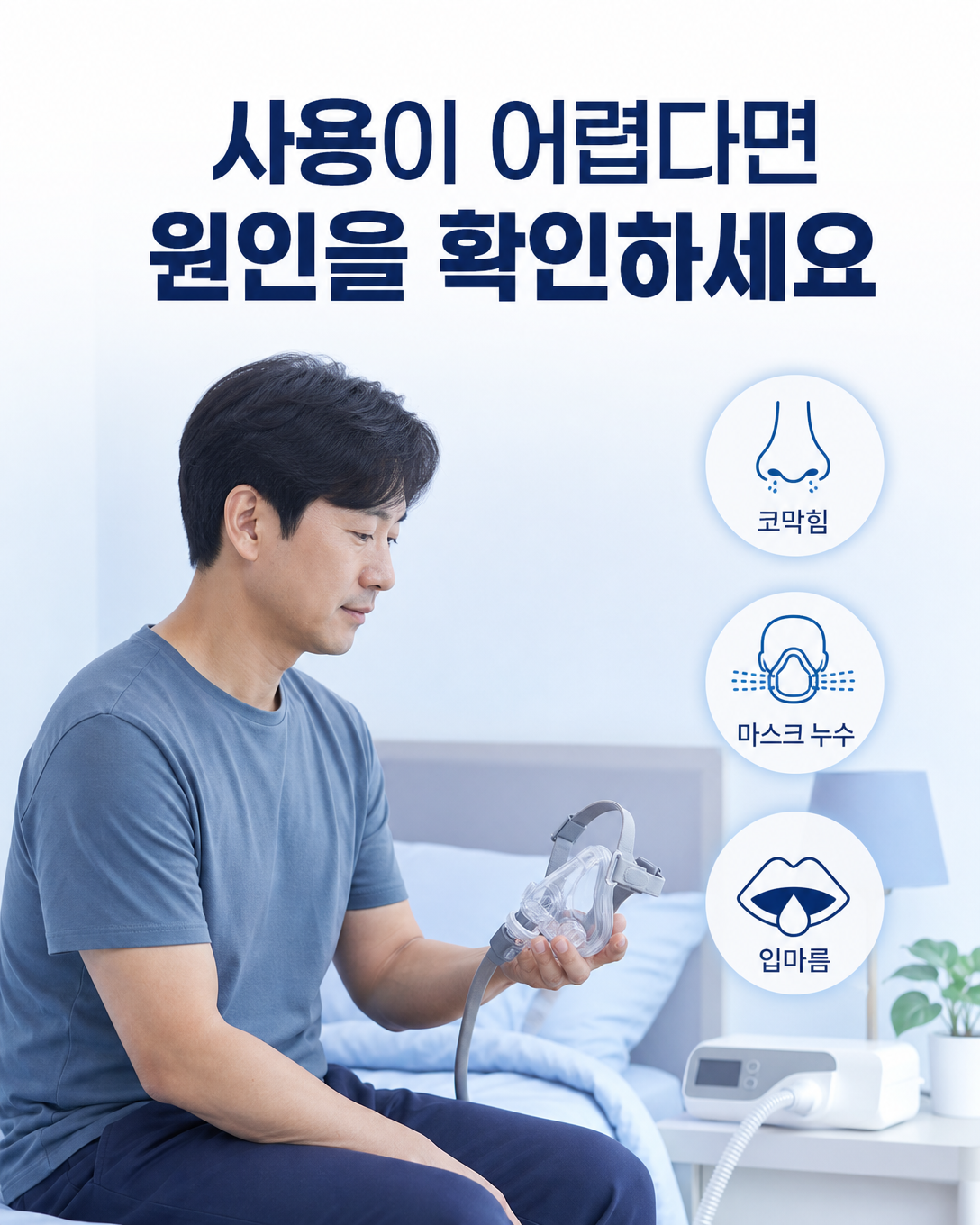 양압기 마스크 누수와 코막힘, 입마름 등 사용 불편을 확인하는 환자