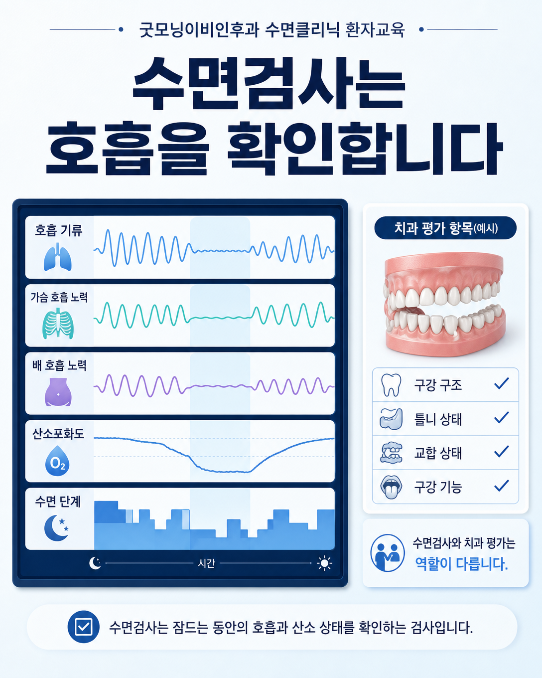 수면다원검사와 치과 평가가 각각 확인하는 정보를 구분한 인포그래픽