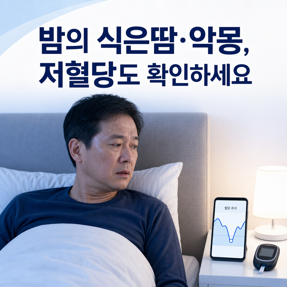 당뇨병 치료 중 밤에 식은땀과 악몽으로 깼을 때 야간 저혈당 확인을 안내하는 대표이미지